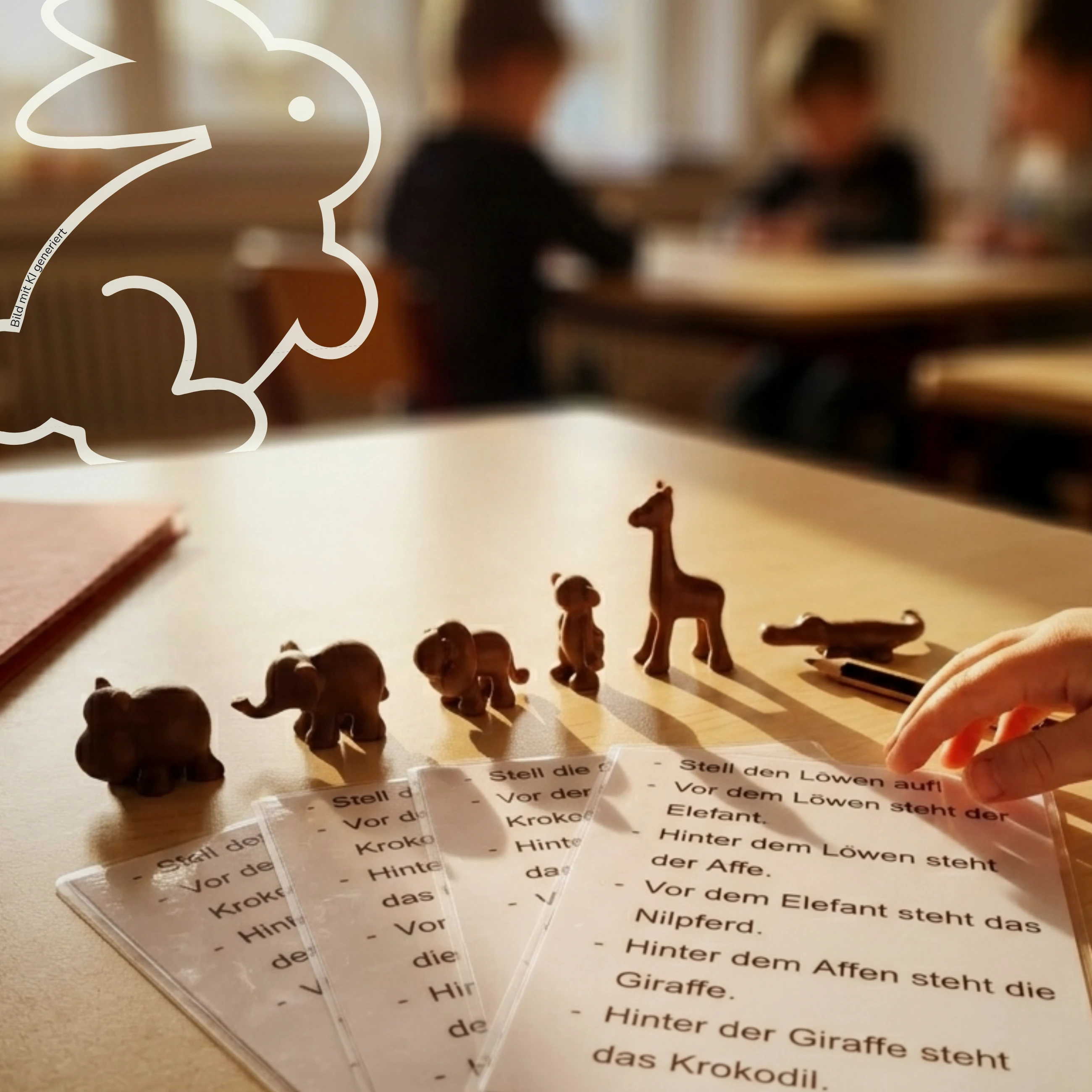 Kinderhand mit Material Sätze lesen und handeln Tiere aufreihen